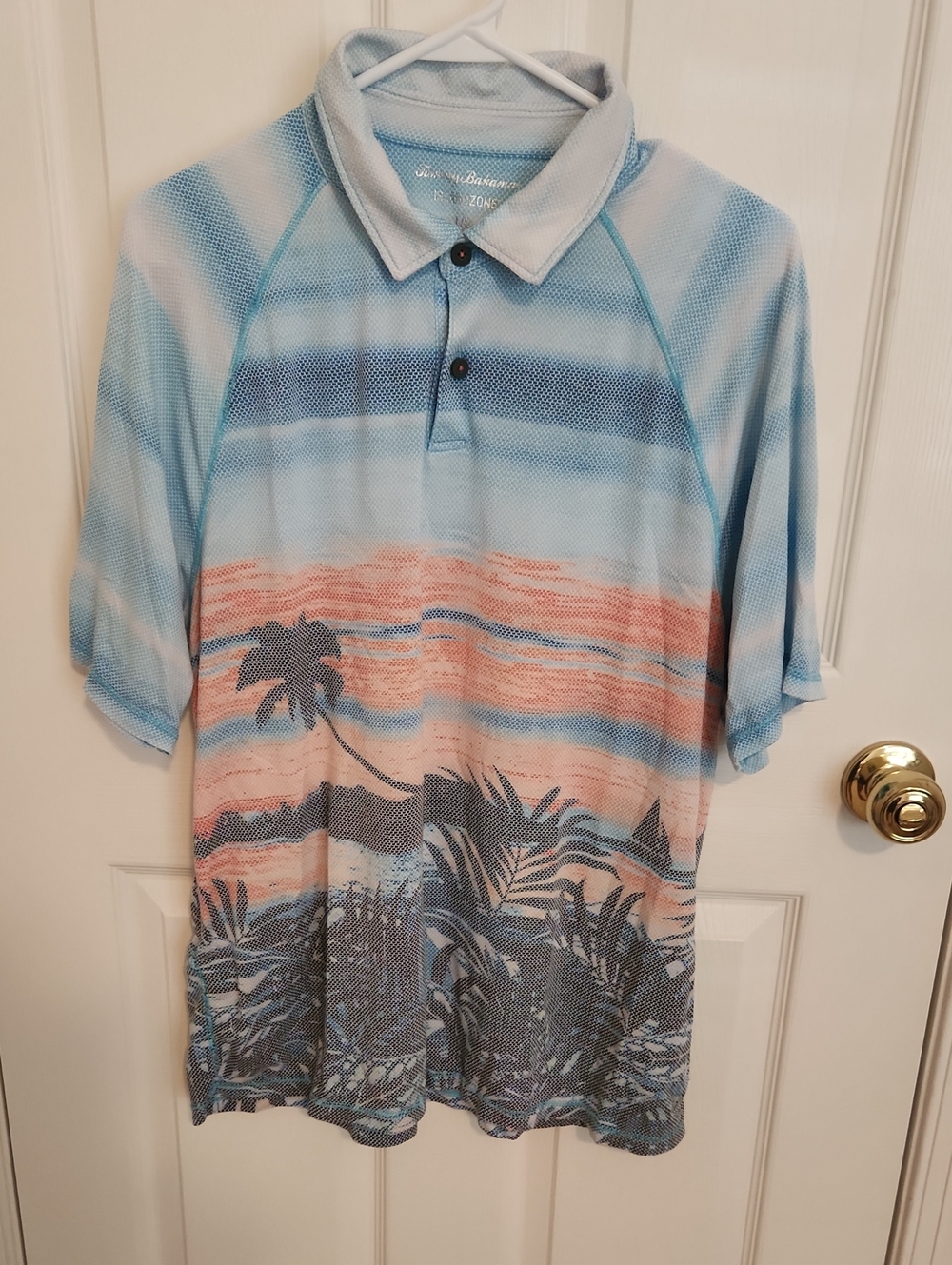 Tommy Bahama Light Blue & Coral Striped Tropical Polo